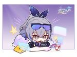  1girl bag_of_chips black_gloves black_jacket candy chibi chinese_commentary chinese_text chips_(food) cup drill_hair eyewear_on_head food gloves grey_eyes grey_hair handheld_game_console honkai:_star_rail honkai_(series) jacket logo multicolored_hair musical_note official_art playing_games silver_wolf_(honkai:_star_rail) solo star_(symbol) streaked_hair 