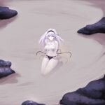  1girl asphyxiation biru_saeika breasts bubble copyright_request corrin_(female)_(fire_emblem) corrin_(fire_emblem) drowning highres holding_breath long_hair peril shell shell_bikini sitting underwater white_hair 