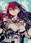  1girl alear_(female)_(fire_emblem) alear_(fire_emblem) armor blue_eyes blue_hair breasts crossed_bangs datcravat emblem_ring fire_emblem fire_emblem_engage gloves hair_between_eyes heterochromia highres jewelry long_hair medium_breasts multicolored_hair parted_lips red_eyes red_hair solo split-color_hair tiara two-tone_hair upper_body very_long_hair 