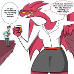  anthro arm_support beverage bottomwear breasts callie_maggotbone clothing comedy_central dave_(satina) delvin_inzane13 demon demon_dragon duo eye_contact fangs female half-closed_eyes hi_res holding_beverage holding_glass holding_object horn human larger_anthro larger_female long_neck looking_at_another looking_down lucia_(satina) macro male male/female mammal mark_lilly micro narrowed_eyes parody red_body red_skin satina_wants_a_glass_of_water shirt size_difference skirt smaller_human smaller_male social_worker speech_bubble spikes spikes_(anatomy) talking_to_another talking_to_partner teeth text thick_thighs topwear ugly_americans uniform wings yellow_eyes 