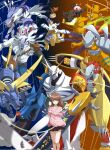  1girl 6+others agumon armor black_skirt botamon brown_hair cannon clothing_cutout crest digimon digimon_(creature) fusion gabumon garurumon greymon highres horns koromon long_hair metalgarurumon metalgreymon multiple_others omegamon open_mouth original pink_shirt pleated_skirt punimon shirt shoulder_cutout skirt sword tunomon wargreymon weapon weregarurumon yqz0104 