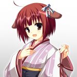  1girl :d ahoge animal_ears asagi_nanami blunt_bangs blush commentary_request dog_ears dog_girl eyebrows_hidden_by_hair eyelashes floral_print hair_ornament hair_ribbon hands_up happy highres japanese_clothes kimono long_hair looking_at_viewer open_mouth purple_kimono red_eyes red_hair ribbon short_hair simple_background sleeves_past_wrists smile solo suou_(tenshinranman) tenshinranman two-tone_kimono upper_body white_background white_kimono white_ribbon x_hair_ornament 