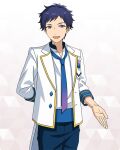  1boy arm_behind_back blue_hair cowboy_shot dark_blue_hair diamond_brooch dot_nose ensemble_stars! fushimi_yuzuru gradient_necktie happy_elements jacket lapels long_sleeves looking_at_viewer male_focus mole mole_under_eye notched_lapels official_art open_clothes open_jacket open_mouth outstretched_hand purple_eyes short_bangs short_hair sleeves_past_elbows solo third-party_source 