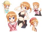  1girl alternate_costume alternate_hairstyle angry animal_ears bikini black_bikini braid closed_eyes closed_mouth dog_ears dog_tail gochuumon_wa_usagi_desu_ka? hair_between_eyes hat highres hoto_cocoa kotonoha_gorock looking_at_viewer one_eye_closed open_mouth orange_hair purple_eyes rabbit_house_uniform ribbon school_uniform serafuku shy side-tie_bikini_bottom simple_background smile standing swimsuit tail tongue tongue_out twin_braids white_background 