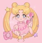  1990s_(style) 1girl artist_name bishoujo_senshi_sailor_moon blonde_hair blue_eyes blush bracelet breasts chelly_(chellyko) double_bun earrings hair_bun hair_ornament heart heart_in_eye highres index_finger_raised instagram_username jewelry long_hair luna_(sailor_moon) medium_breasts midriff open_mouth phone pink_background pink_shirt retro_artstyle ring rotary_phone shirt sleeveless sleeveless_shirt solo sparkle standing star_(symbol) star_earrings star_hair_ornament symbol_in_eye tsukino_usagi twintails twitter_username upper_body watermark 