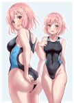  1girl adjusting_clothes adjusting_swimsuit ass black_one-piece_swimsuit braid breasts commission competition_swimsuit covered_navel date_a_live from_behind grey_background highleg highleg_swimsuit highres looking_at_viewer looking_back medium_breasts multicolored_clothes multicolored_swimsuit multiple_views one-piece_swimsuit pink_hair pixiv_commission shiitake_taishi simple_background sonogami_rinne standing swimsuit 