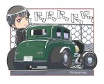 1girl artist_name black_eyes black_hair black_jacket bright_pupils car chain-link_fence chibi dated fence ford ford_model_b frown girls_und_panzer hair_behind_ear jacket leather leather_jacket license_plate looking_back motor_vehicle naomi_(girls_und_panzer) shadow silenxe solo sound_effects v-shaped_eyebrows vehicle_focus white_pupils 