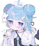  1girl :&lt; @_@ ahoge artist_name bandages bandaid black_shirt blue_eyes blue_hair blue_necktie blunt_bangs blush blush_stickers braid closed_mouth coat cotono_(nazekun) creature double_bun finger_to_own_chin flower_(symbol) glasses hair_bun hair_ornament hair_ribbon halo highres jitome lab_coat long_hair long_sleeves looking_at_viewer necktie original pastel_colors ribbon shirt simple_background sleeves_past_fingers sleeves_past_wrists solo stitches sweatdrop thinking watch white_background white_coat wristwatch 