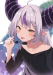  1girl :p ahoge alternate_costume black_horns black_nails black_shirt braid braided_bangs grey_hair highres hololive horns la+_darknesss long_hair multicolored_hair nicky0 pointy_ears purple_hair shirt streaked_hair striped_horns sunglasses tongue tongue_out virtual_youtuber yellow_eyes 