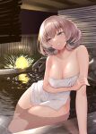  1girl absurdres arm_support arm_under_breasts bathing blue_eyes blush breasts cleavage collarbone dripping grey_hair grin hand_up head_tilt highres holding_own_arm large_breasts light mole mole_on_breast naked_towel narushima_kanna night onsen original refraction see-through shiny_skin signature smile solo thick_thighs thighs towel wading water wet wet_towel wide_hips 