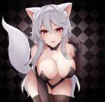  1girl absurdres ahyra animal_ears ara_ara ass bent_over black_gloves bone bow bowtie breasts cat_ears cat_tail covered_nipples demon demon_girl gloves highres huge_ass indie_virtual_youtuber large_breasts lipstick long_hair looking_at_viewer makeup mature_female nipples pointy_ears solo standing tail thick_thighs thighhighs thighs vampire virtual_youtuber whiskers white_hair 