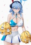  1girl absurdres ako_(blue_archive) bare_shoulders blue_archive blue_eyes blue_hair blush breasts cleavage collarbone confetti criss-cross_halter hair_between_eyes hair_ribbon hairband halo halterneck highres holding holding_pom_poms large_breasts long_hair looking_at_viewer millennium_cheerleader_outfit_(blue_archive) miniskirt navel open_mouth pleated_skirt pom_pom_(cheerleading) ribbon san_(harutuki_3) skirt solo sports_bra thighs white_skirt 