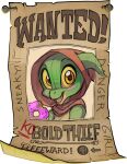  alpha_channel anthro clothed clothing david_lillie dessert doughnut english_text female food green_body green_scales hi_res kobold open_mouth orange_eyes rhiri_(yark) scales scarf solo text wanted_poster yellow_sclera 