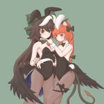  2girls absurdres animal_ears bare_shoulders bird_wings black_bow black_wings blunt_bangs bow braid breasts brown_hair cat_ears detached_collar fake_animal_ears feathered_wings green_bow grey_background hair_bow heart highres kaenbyou_rin leotard long_hair medium_breasts multiple_girls multiple_tails nekomata pantyhose playboy_bunny rabbit_ears rabbit_tail reiuji_utsuho tail touhou twin_braids two_tails wings wrist_cuffs yenyen 