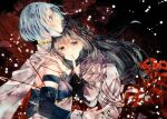  2girls akemi_homura black_hair blue_hair cape detached_sleeves finger_to_mouth flower gloves hammett_pizza hand_on_another&#039;s_shoulder long_hair looking_at_viewer looking_to_the_side magia_record:_mahou_shoujo_madoka_magica_gaiden magical_girl mahou_shoujo_madoka_magica miki_sayaka multiple_girls purple_eyes short_hair spider_lily white_cape white_gloves 