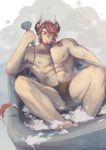  1boy abs absurdres achille93647552 animal_ears arknights bara bathing bathtub beard blue_male_swimwear bulge cow_boy cow_ears cow_tail facial_hair full_body highres humus_(arknights) large_pectorals looking_at_viewer lying male_focus male_swimwear mature_male multicolored_hair muscular muscular_male navel navel_hair nipples on_back pectorals red_hair short_hair shower_head smile soap_bubbles solo stomach streaked_hair swim_briefs tail thick_eyebrows thighs topless_male wet wet_male_swimwear 