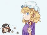  2girls alternate_hairstyle black_headwear blonde_hair blue_eyes braid brown_hair closed_eyes closed_mouth dress from_side grey_background hat long_sleeves maribel_hearn mob_cap multiple_girls nama_udon open_mouth profile purple_dress short_hair simple_background single_braid smile thumbs_up touhou usami_renko white_headwear 