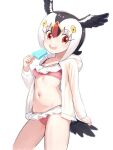  1girl alternate_costume atlantic_puffin_(kemono_friends) bare_legs bikini bird_girl bird_tail bird_wings black_hair blonde_hair blush collarbone cowboy_shot food frilled_bikini frills hair_between_eyes head_wings highres hood hood_down hoodie ieinu_account kemono_friends long_sleeves looking_at_viewer midriff multicolored_hair navel open_clothes open_hoodie open_mouth pink_bikini popsicle red_eyes red_hair short_hair sidelocks smile solo swimsuit tail white_hair white_hoodie wings 