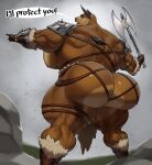  absurd_res anthro back_muscles big_butt bovid bovine butt cattle clothed clothing guzreuef hi_res huge_butt male mammal muscular muscular_anthro muscular_male rear_view skimpy skimpy_armor solo 