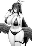  1girl arm_behind_back bikini blue_archive breasts cleavage closed_mouth collar collarbone greyscale hair_between_eyes halo hand_in_own_hair hasumi_(blue_archive) highres huge_breasts kanno_takanori long_hair looking_at_viewer low_wings mole mole_under_eye monochrome navel ponytail side-tie_bikini_bottom sidelocks simple_background smile solo swimsuit thigh_strap very_long_hair wings wrist_cuffs 