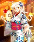  1girl apple breasts candy_apple chaldea_logo fate/grand_order fate_(series) flower food fruit hair_flower hair_ornament harukey highres japanese_clothes kimono large_breasts long_hair looking_at_viewer olga_marie_animusphere red_apple saint_quartz_(fate) smile tongue tongue_out white_hair yellow_eyes 