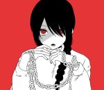  1girl black_hair braid braided_ponytail chain chainsaw_man hair_over_one_eye hair_over_shoulder highres looking_at_viewer medium_hair monochrome nayuta_(chainsaw_man) open_mouth red_background red_eyes red_theme relen ringed_eyes simple_background solo sweater 