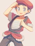  1boy :d black_hair collarbone commentary_request cowboy_shot fur-trimmed_jacket fur_trim grey_eyes hat jacket male_focus open_mouth pants pokemon pokemon_(game) pokemon_legends:_arceus red_headwear red_jacket rei_(pokemon) sarashi short_hair short_sleeves smile solo sweat wusagi2 