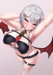  1girl :p absurdres aoi_hinamori arm_up blush breasts cross from_above grey_hair hair_ornament highleg highleg_panties highres indie_virtual_youtuber john_zerowb large_breasts latin_cross looking_at_viewer low_wings panties pointy_ears purple_eyes short_hair shorts simple_background solo thigh_strap tongue tongue_out underwear virtual_youtuber wings 