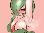  anthro armpit_fetish blush bodily_fluids breast_squish breasts clothing covering covering_breasts covering_self embarrassed female gardevoir generation_3_pokemon hi_res megi musk musk_clouds nintendo pokemon pokemon_(species) red_eyes simple_background solo squish sweat undressing 