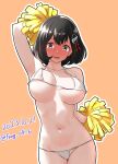  1girl bikini black_hair blush bouncing_breasts breasts brown_eyes dated full-face_blush furaggu_(frag_0416) haguro_(kancolle) hair_ornament highres holding holding_pom_poms kantai_collection large_breasts looking_at_viewer micro_bikini orange_background pom_pom_(cheerleading) short_hair solo swimsuit twitter_username white_bikini 