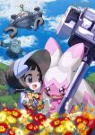  1girl :d black_hair blunt_bangs blush bronzong cloud commentary_request day eyelashes flower flower_wreath gloves holding magnezone medium_hair open_mouth outdoors pokemon pokemon_(creature) pokemon_(game) pokemon_sv poppy_(pokemon) sky smile tinkaton tongue watermark yamanashi_taiki 