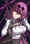  1girl black_background black_coat breasts coat commentary eyewear_on_head grin hands_up head_tilt highres honkai:_star_rail honkai_(series) kafka_(honkai:_star_rail) large_breasts long_hair long_sleeves looking_at_viewer open_clothes open_coat purple_eyes round_eyewear shirt smile solo sunglasses talo_(63078778) upper_body white_shirt 