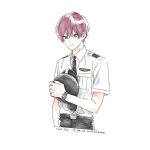  1boy absurdres artist_name belt black_belt black_necktie black_pants closed_mouth collared_shirt commentary_request cool_doji_danshi dated hair_between_eyes hat highres holding holding_clothes holding_hat male_focus nata_kokone necktie pants police police_hat police_uniform red_eyes red_hair shiki_souma shirt short_hair short_sleeves simple_background solo uniform upper_body watch white_background white_shirt wristwatch 