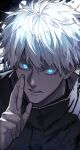  1boy blue_eyes commentary_request eisuto glowing glowing_eyes gojou_satoru highres jujutsu_kaisen looking_at_viewer male_focus parted_lips portrait short_hair solo white_hair 