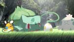  absurdres asteroid_ill bulbasaur bush day dedenne forest grass highres landscape light_rays looking_at_another nature no_humans outdoors plant pokemon pokemon_(creature) scenery shadow shroomish 