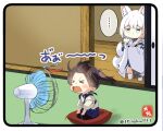  &gt;_&lt; ... 2girls animal_ears azur_lane chibi cushion detached_sleeves electric_fan fox_ears fox_girl fox_tail hakama hakama_skirt historical_reference_connection japanese_clothes kaga_(battleship)_(azur_lane) kaga_(kancolle) kantai_collection kitsune kneeling multiple_girls multiple_tails name_connection shouji side_ponytail skirt sliding_doors spoken_ellipsis tail taisa_(kari) tasuki tatami translation_request twitter_username 