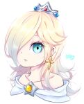  1girl bare_shoulders blue_eyes brooch collarbone crown dress earrings hair_over_one_eye jewelry long_hair looking_at_viewer mario_(series) nukoko12 off-shoulder_dress off_shoulder parted_lips rosalina solo star_(symbol) star_brooch star_earrings super_mario_galaxy upper_body white_background 