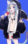  1girl animal_ears blue_background blue_eyes blue_hair cat_ears cat_tail food highres holding holding_food hood hooded_jacket jacket jikuno long_hair open_clothes open_jacket open_mouth original simple_background solo swimsuit tail v 