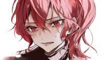 1girl absurdres bungou_stray_dogs crying hair_between_eyes highres long_hair looking_down lower_teeth_only military military_uniform okura_teruko_(bungou_stray_dogs) open_mouth portrait red_eyes red_hair sidelocks simple_background solo teardrop tears teeth uniform white_background ya_ta 