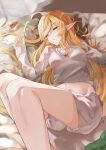  1girl absurdres ahoge bed_sheet blonde_hair breasts butterfly_hair_ornament collarbone english_commentary hair_ornament half-closed_eye highres lichael long_hair long_sleeves lying midriff navel nijisanji nijisanji_en on_back one_eye_closed pillow pointy_ears pomu_rainpuff red_eyes shorts signature small_breasts solo sweater virtual_youtuber waking_up white_shorts white_sweater 