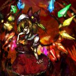  1girl ascot blonde_hair blood blood_from_mouth blood_on_hands breasts collared_shirt cowboy_shot crystal flandre_scarlet frilled_shirt_collar frilled_skirt frills glowing glowing_wings hand_to_own_mouth head_tilt looking_at_viewer medium_hair mikagura multicolored_wings one_side_up open_mouth red_background red_eyes red_skirt red_theme red_vest shirt skirt small_breasts solo tongue tongue_out touhou vest white_headwear white_shirt wings yellow_ascot 