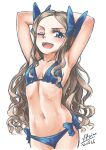  1girl arimura_yuu armpits asakaze_(kancolle) bikini blue_bikini blue_eyes breasts cowboy_shot dated forehead highres kantai_collection light_brown_hair long_hair looking_at_viewer navel one_eye_closed open_mouth parted_bangs side-tie_bikini_bottom sidelocks signature simple_background small_breasts solo swimsuit teeth upper_teeth_only wavy_hair white_background 