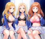  3girls bc_freedom_military_uniform black_bra blonde_hair blue_eyes blush bra breasts closed_mouth collarbone crossed_legs drill_hair girls_und_panzer green_eyes hand_on_another&#039;s_leg highres indoors isabe_(girls_und_panzer) kitayama_miuki large_breasts lingerie long_hair looking_at_viewer marie_(girls_und_panzer) military military_uniform miniskirt multiple_girls navel on_bed open_mouth orange_hair pink_bra pleated_skirt skirt small_breasts smile sofue_(girls_und_panzer) underwear uniform white_skirt window 