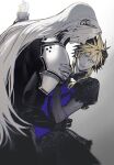  2boys armor ballroom_dancing black_coat black_dress black_gloves blonde_hair blue_dress blue_eyes blush bracer braid cloud_strife coat crossdressing dancing dress embarrassed final_fantasy final_fantasy_vii final_fantasy_vii_remake gloves gradient_background grey_hair grin high_collar highres lace lace_trim long_bangs long_coat long_hair long_sleeves male_focus medium_hair multiple_boys pauldrons puffy_short_sleeves puffy_sleeves sephiroth short_sleeves shoulder_armor simple_background smile spiked_hair twin_braids white_hair xianyu314 yaoi 