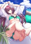  1girl absurdres aqua_bikini arms_up bikini black_bikini bracelet breasts day fate/grand_order fate_(series) flower hair_flower hair_ornament highres horizon jacket jewelry large_breasts long_hair looking_at_viewer ocean outdoors parted_lips pillow pipin_try plant purple_hair red_eyes scathach_(fate) scathach_skadi_(fate) scathach_skadi_(swimsuit_ruler)_(fate) scathach_skadi_(swimsuit_ruler)_(final_ascension)_(fate) see-through see-through_jacket see-through_sleeves solo swimsuit 