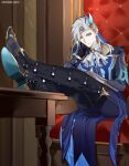  1boy :| ascot black_gloves blue_gemstone blue_sleeves chair closed_mouth gem genshin_impact gloves hand_on_own_chin highres indoors lapels legs_on_table long_hair male_focus multicolored_hair neuvillette_(genshin_impact) patreon_username peaked_lapels sitting slit_pupils solo streaked_hair table white_ascot white_hair yukaero4 