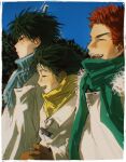  1girl 2boys :d akagi_haruko black_eyes black_hair blue_scarf brown_coat brown_gloves closed_eyes coat gloves green_scarf ilostmyshadow medium_hair multiple_boys night red_hair rukawa_kaede sakuragi_hanamichi scarf short_hair slam_dunk_(series) smile tree upper_body winter_clothes yellow_scarf 