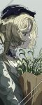  1girl absurdres black_headwear blonde_hair closed_mouth commentary crying crying_with_eyes_open druvis_iii expressionless green_eyes grey_background grey_shirt highres holding long_hair natsugu72 plant profile reverse:1999 shirt simple_background solo sparkle sparkling_eyes tears 