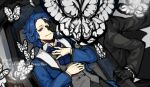  2boys animal_head ascot black_gloves black_jacket black_pants blue_ascot blue_coat blue_hair bug butterfly character_name chesed_(project_moon) closed_mouth coat collared_shirt commentary_request extra_arms funeral_of_the_dead_butterflies gloves grey_vest jacket lobotomy_corporation long_sleeves lying multiple_boys nishikujic on_back open_clothes open_coat pants project_moon shirt short_hair smile vest white_butterfly white_shirt yellow_eyes 