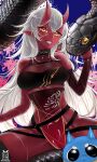  1girl akumi_(yoclesh) artist_name breasts colored_skin commentary detached_sleeves grey_hair hair_between_eyes highres horns long_hair looking_at_viewer medium_breasts necrotenshi oni oni_horns pointy_ears red_skin scar see-through see-through_sleeves single_detached_sleeve single_thighhigh slit_pupils smile snake solo teeth thighhighs very_long_hair virtual_youtuber vyugen watermark yellow_eyes 